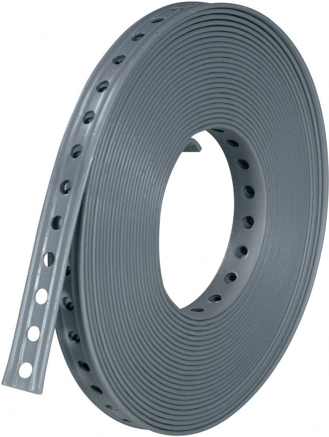 A roll of grey perforated metal strip. The strip is long, narrow and uniformly punched, suitable for fastenings.