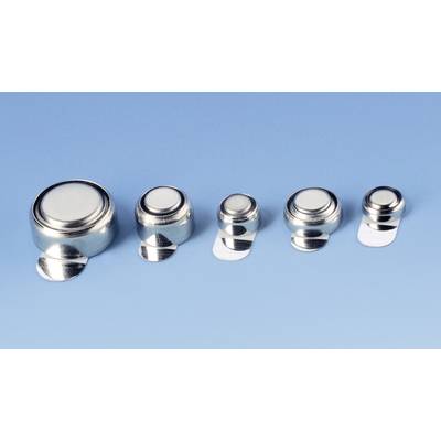 Five silver button batteries of varying sizes are lying side by side on a blue surface.