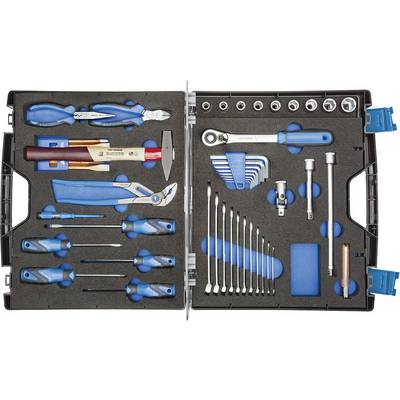 Toolbox opened, with numerous hand tools such as spanners, pliers and screwdrivers arranged in an orderly manner.