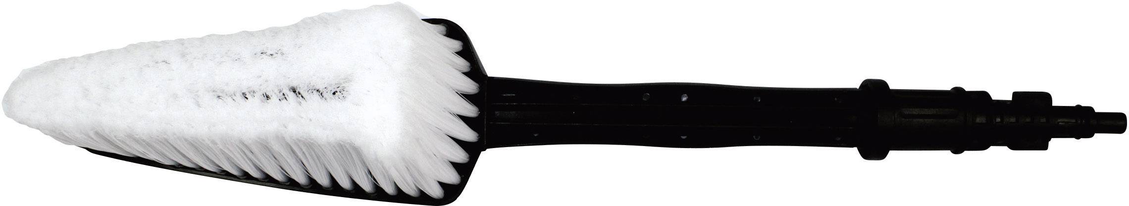 White brush with a black handle in a triangular shape, suitable for car care or cleaning hard-to-reach areas.