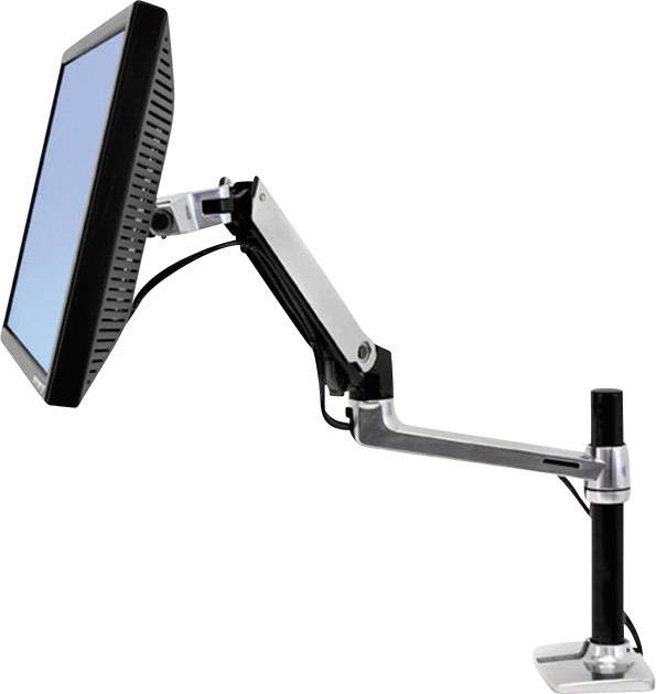 A monitor is mounted on a flexible, height-adjustable arm that is attached to a desk. The screen is visible from the side.
