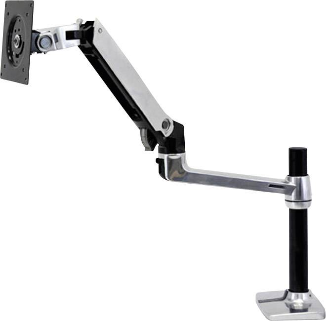 A height-adjustable metal monitor arm mounted on a desk, designed for attaching a computer screen.