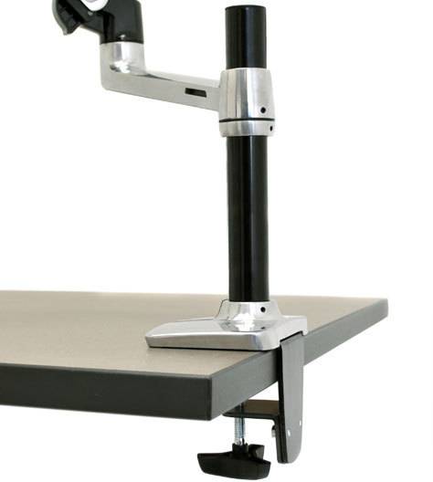 A desk arm mounting mechanism, attached to the desk edge, enables flexible positioning of mounted devices.