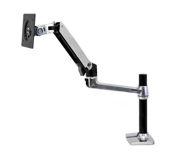 An adjustable metal monitor arm with multiple joints, mounted on a desk surface, for flexible screen positioning.