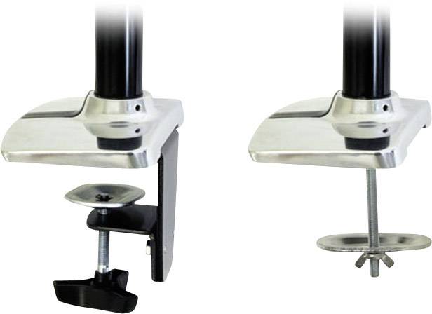 Two table clamps for fastening, one with a screw mechanism, the other with a wing nut, both in a metallic finish.