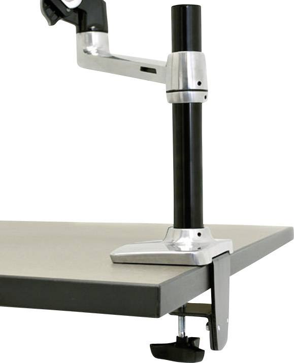 A metal desk-mounted support system with an arm featuring a clip. It is attached to the edge of a desk.