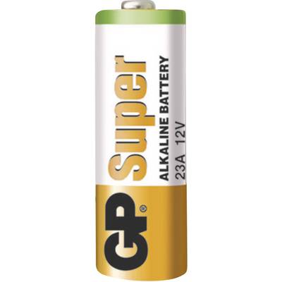 Battery of type GP Super Alkaline 23A 12V, in good condition, primary colours White and Orange, colour-coded labelling.