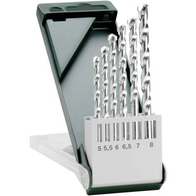 An open case containing a set of six spiral drill bits of varying sizes. Arranged evenly from small to large.