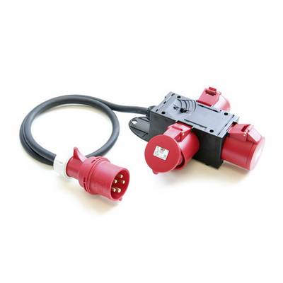 A red high-current adaptor with multiple socket outlets and a cable, commonly used for industrial or construction-related applications.
