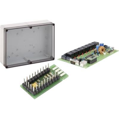 Electronic components with circuit boards and an empty enclosure. The main circuit board features relays, connectors, and a transformer.