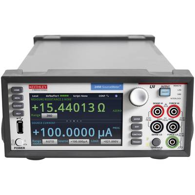 A SourceMeter device with a digital display shows measurement values: resistance of 15.44013 ohms and current of 100.000 µA.