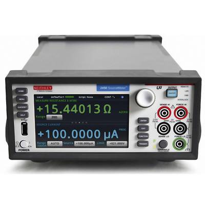 A measuring instrument displays '15.44013 Ω' resistance and '100.0000 µA' current on the display. It has several ports and adjustment knobs.