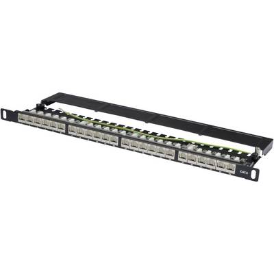 Patch panel with 24 ports for network cabling. Labelled 'CAT6'. Front connection sockets, rear connection terminals.