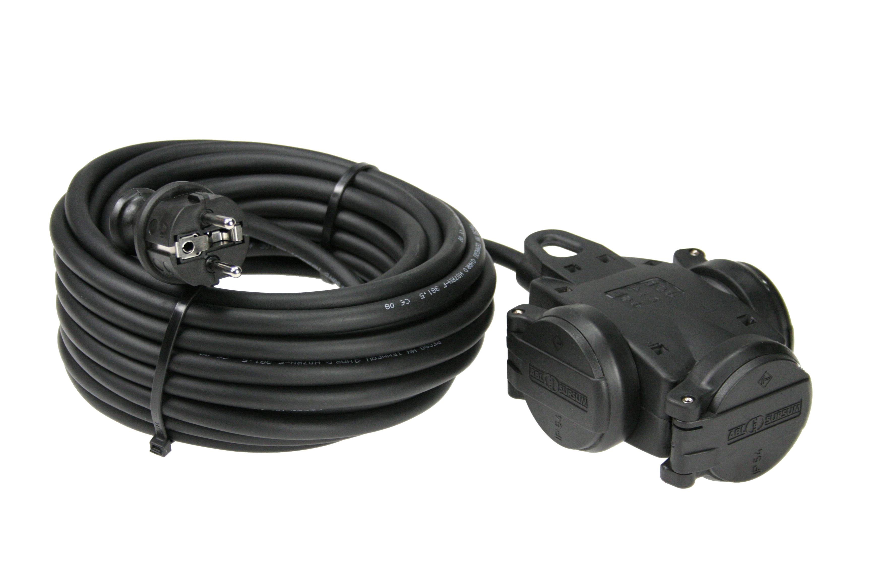 A long, black extension lead with a plug and two sockets, coiled and ready for use in outdoor areas.