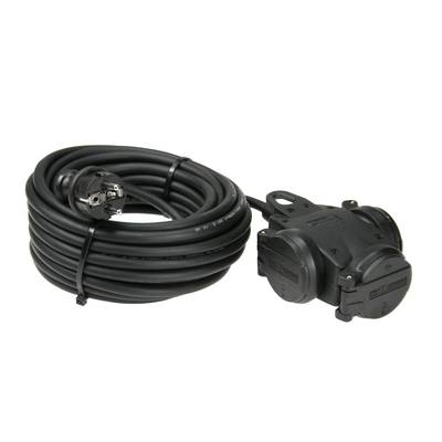 A long, black extension lead with a plug and two sockets, coiled and ready for use in outdoor areas.