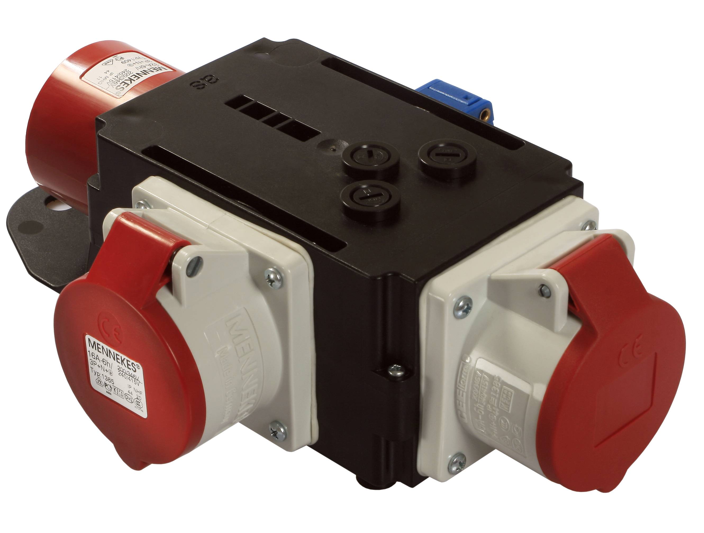 A red and white electrical multi-socket connector device with locking mechanisms, used for industrial applications.