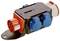 Industrial socket: Five-pin plug on the left, three blue sockets on the right, mounting rail at the bottom. Suitable for heavy-duty loads.