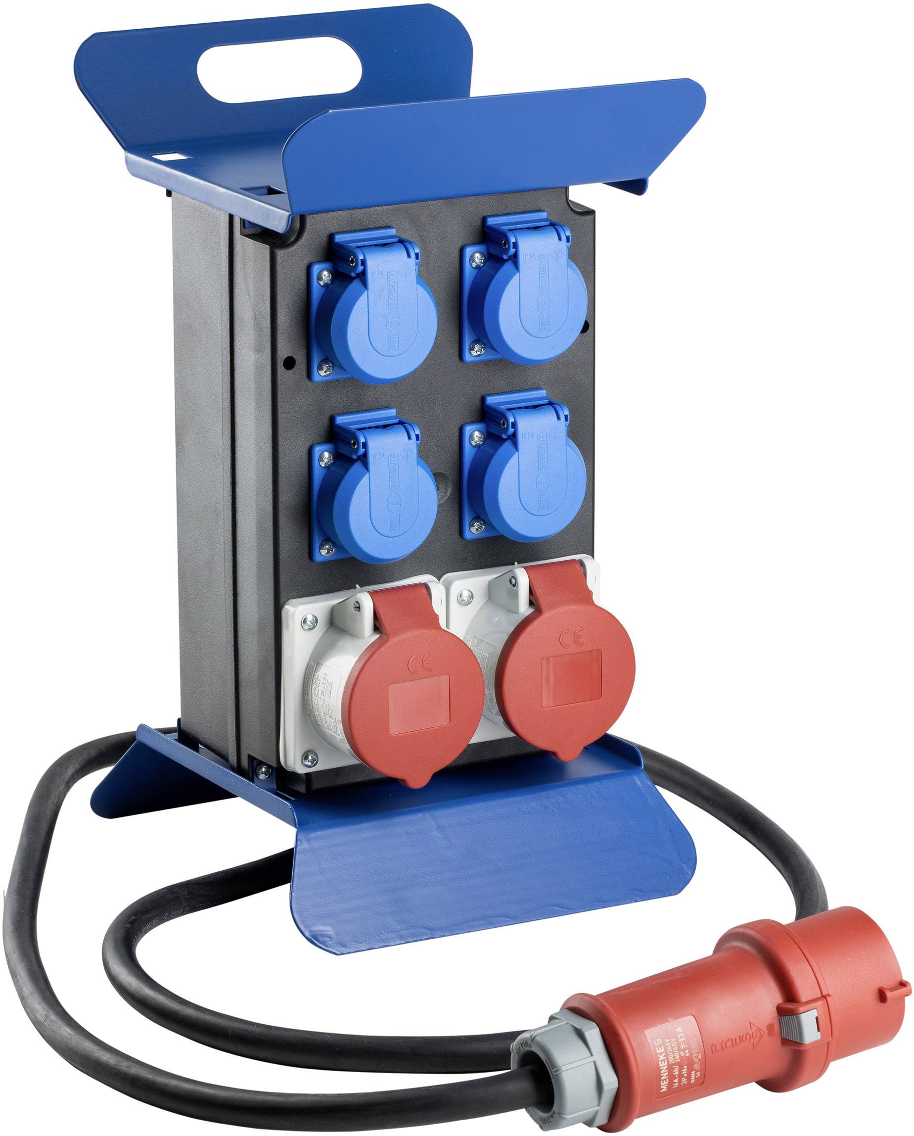 A mobile electrical distribution board with multiple blue and red sockets and an attached cable, suitable for construction sites.