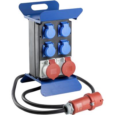 A mobile electrical distribution board with multiple blue and red sockets and an attached cable, suitable for construction sites.