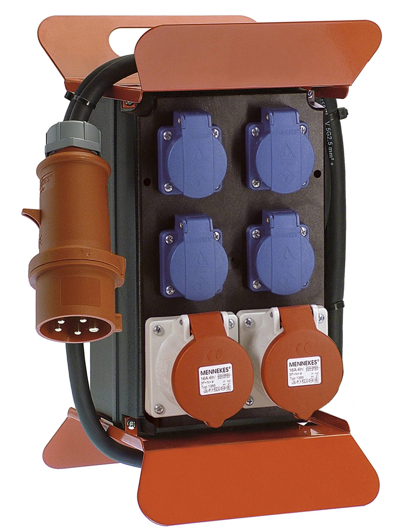 Portable electrical distribution box with multiple sockets, suitable for construction sites or events, for power supply and distribution.