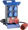 A portable power distributor with four blue and two red sockets, connected with a red, robust plug cable.
