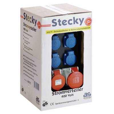 'Stecky' distribution box with blue and red sockets, suitable for 400 volts, with residual current circuit breaker. Packaging is splash-proof.