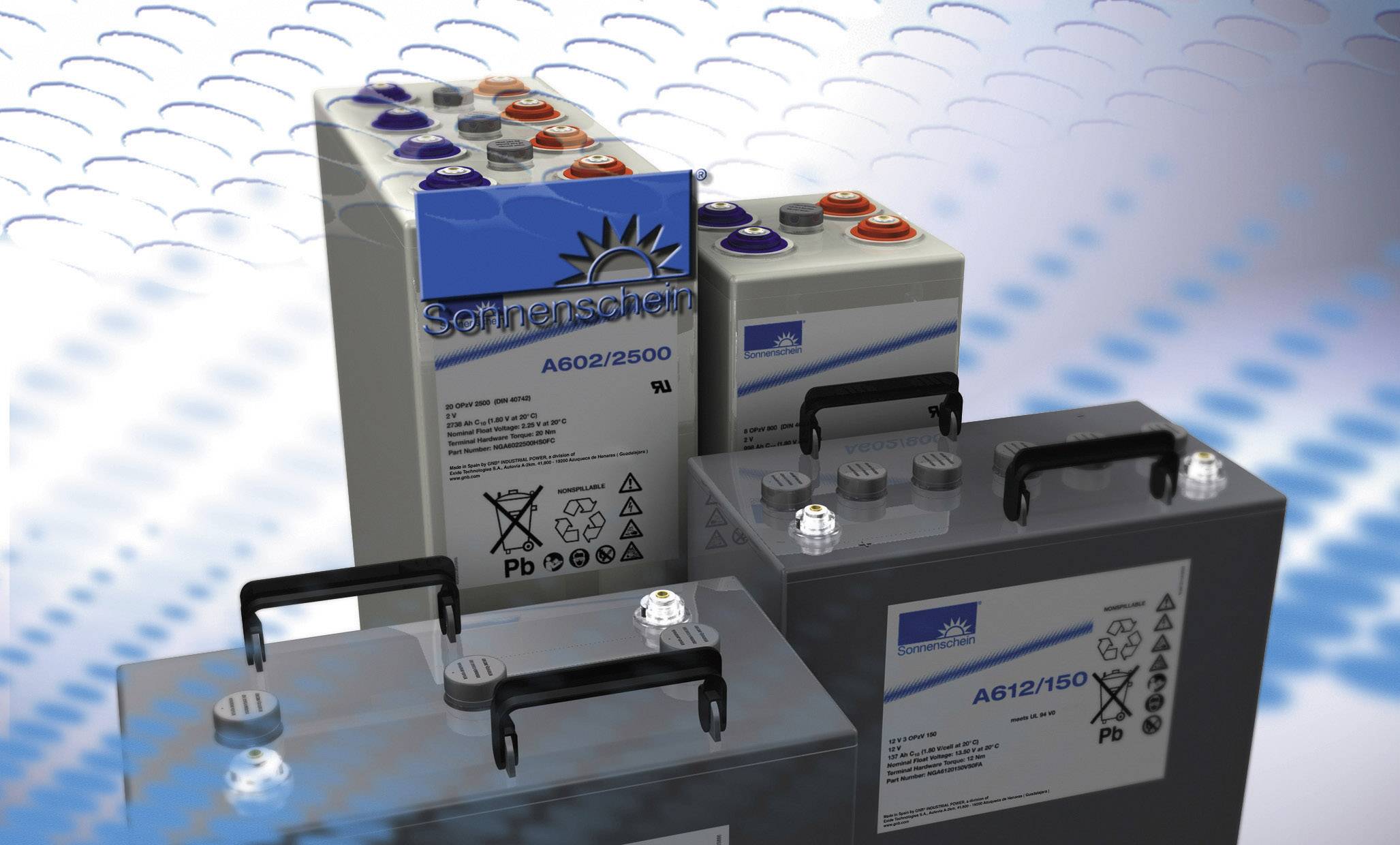 'Solar Energy Batteries' with inscription and symbols. Various sizes, primary colours blue and grey, on a graphic background.