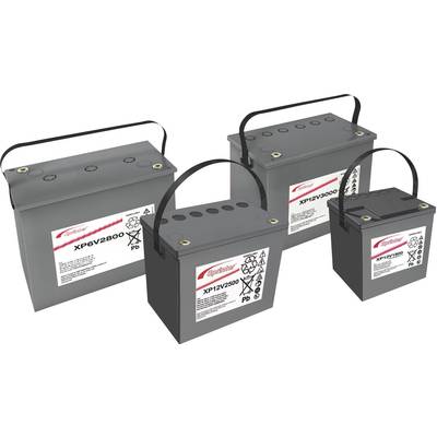 Four grey batteries with handles in different sizes stand side by side. Each battery has a label with technical specifications.