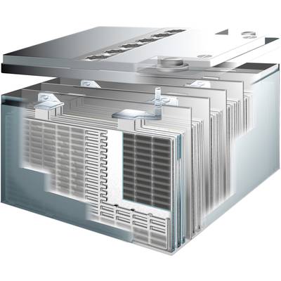 Cross-section of a car battery with multiple layered plates and terminals in a transparent casing, showing internal structure.