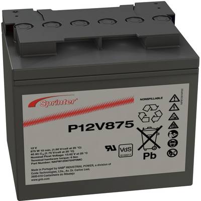 Battery with 'Sprinter' logo, model P12V875. Markings for recycling and safety precautions. Manufactured in Portugal by GN® Industrial Power.