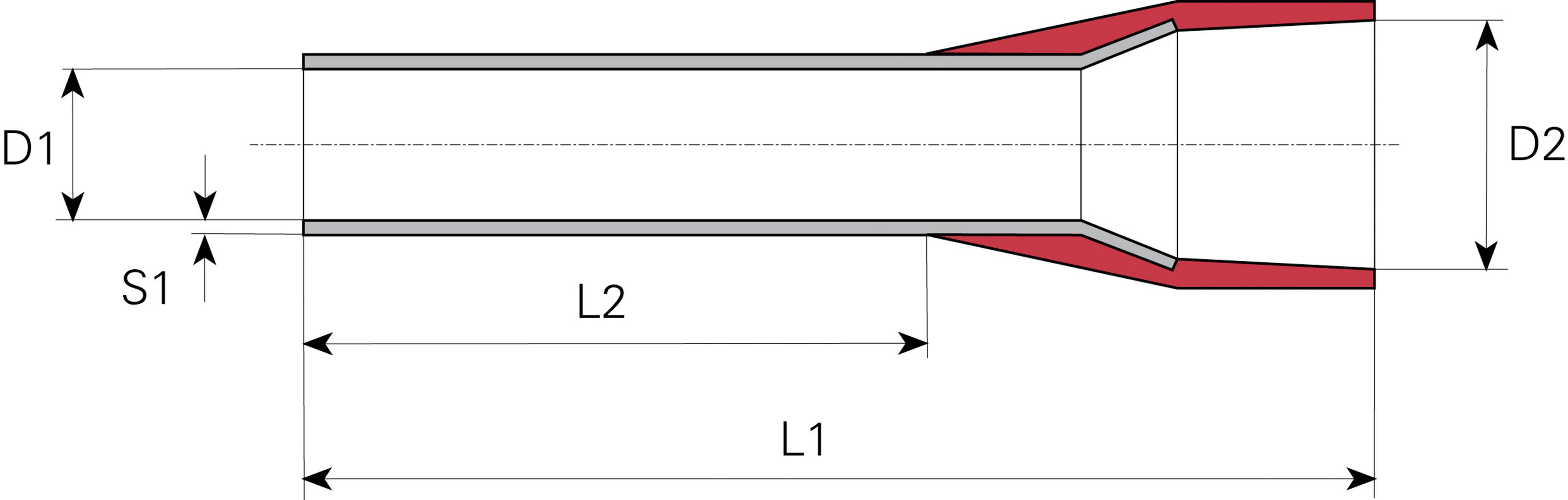 Technical drawing of a pipe with dimensions: D1, D2 (diameters); S1 (wall thickness); L1, L2 (lengths). Red marking at the end.