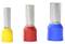 Three isolated wire end ferrules in different sizes and colours: yellow, red, and blue. They are used for securely connecting wires.
