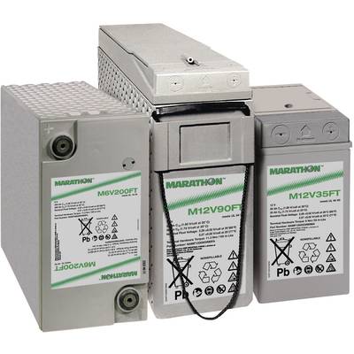 Three batteries of different sizes with green labels. Each is marked with 'Marathon' and includes symbols for disposal.