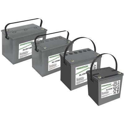 Four grey batteries in various sizes, all featuring a logo and 'MARATHON' text in green. The batteries are arranged side by side.