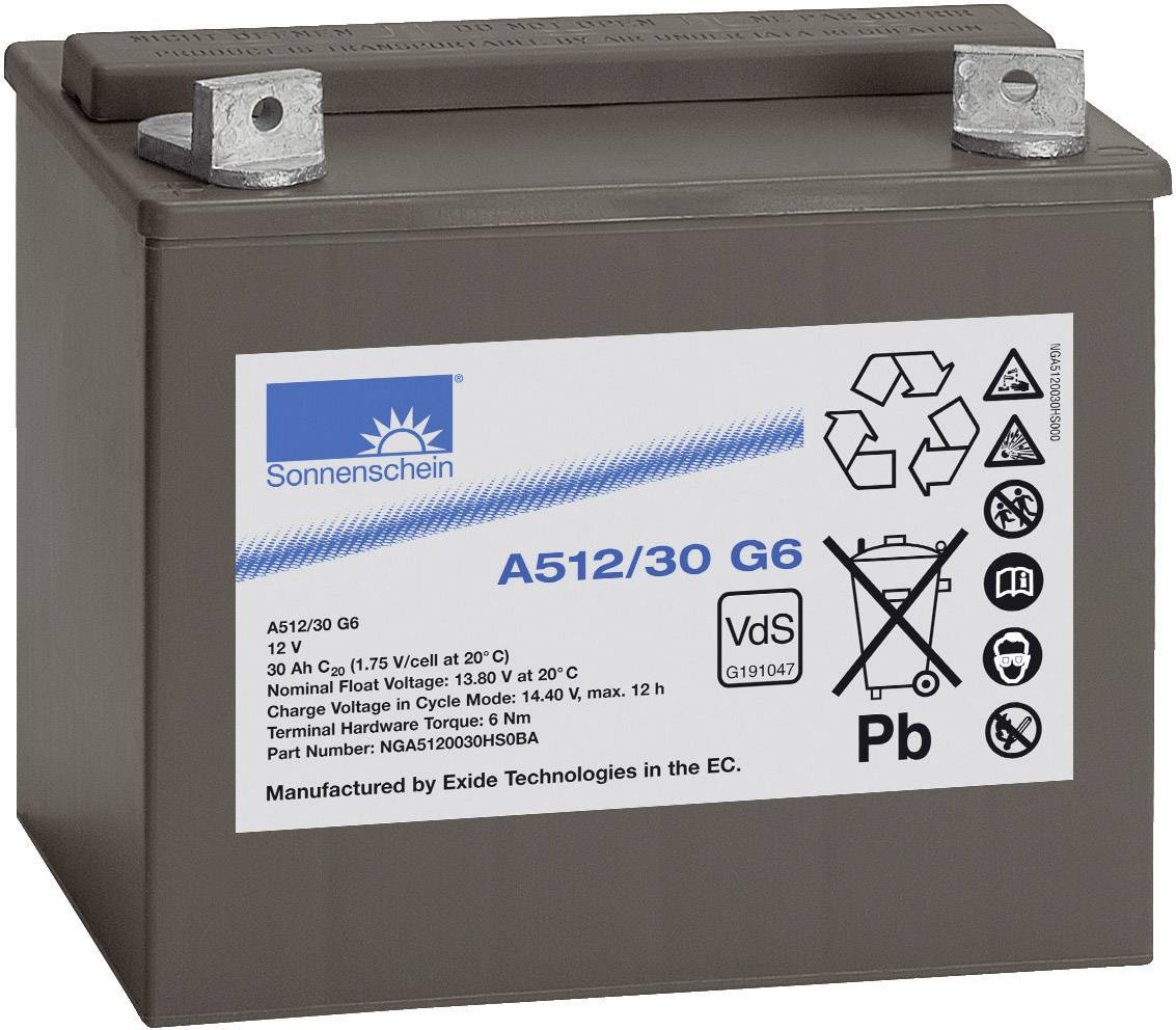 Lead-acid battery by Sonnenschein with 12V and 30Ah. Printed symbols indicate recycling and warning information. Manufacturer: Exide Technologies.