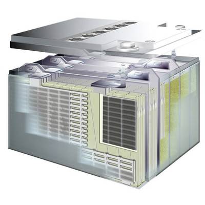 Graphical representation of an open battery model with visible internal layers and connections, illustrating its structure and functioning.