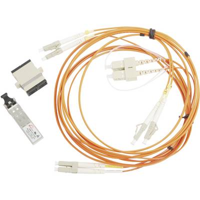 'Orange fibre optic cables with connectors; alongside an adapter and a small, metallic device. Key components for network connections.'
