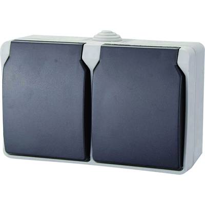 Double light switch made of black plastic, suitable for outdoor areas, mounted on a white wall.