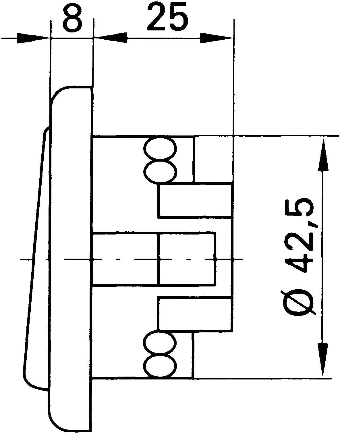 Technical drawing of a rectangular component with dimensions 8, 25 and 42.5 mm. Shows cross-section, components and connections.