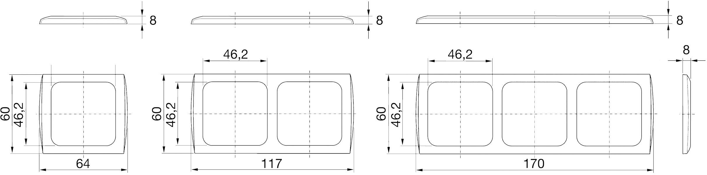 Technical drawing of a device with dimensions in millimetres: three compartments side by side, each with a height of 46.2 mm and a depth of 8 mm.