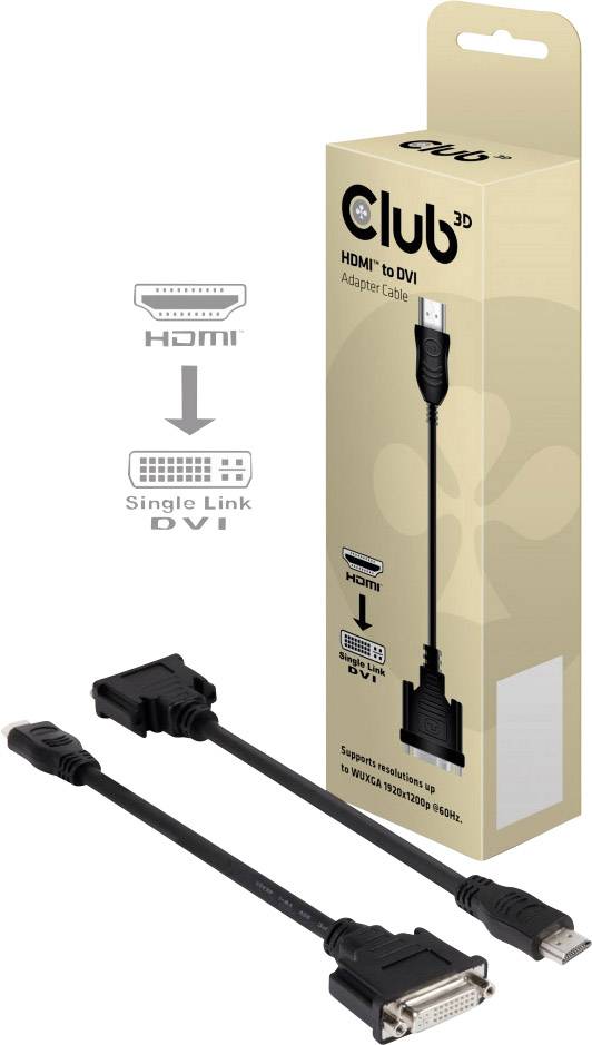 HDMI to DVI Adaptor Cable. Packaging shows cable with HDMI and Single Link DVI connection types. Supports 1080p resolution.