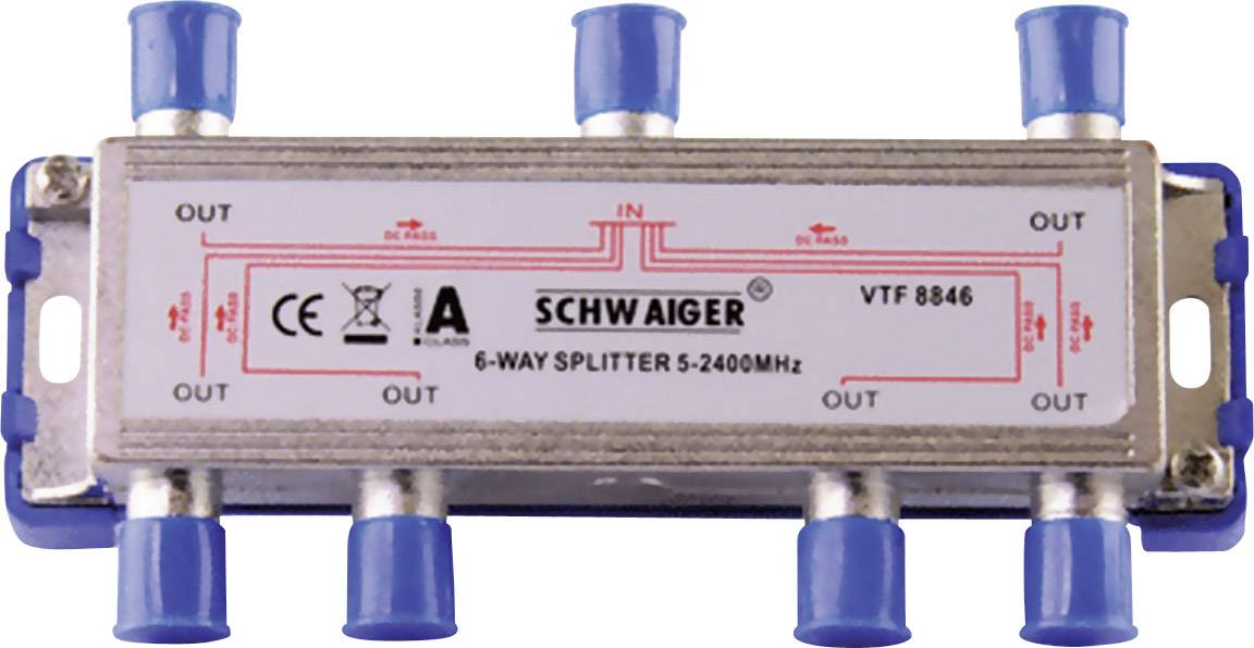 '6-way splitter by Schwaiger, model VTF 8846, frequency range 5-2400 MHz. Input connection on top, six outputs on the side.'