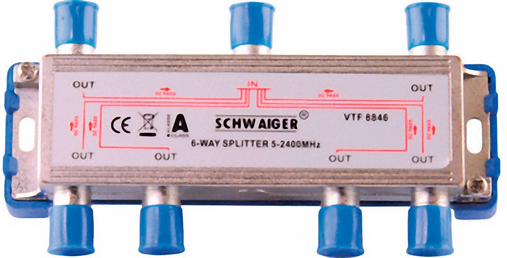 Six-way distributor for TV signals from 5-2400 MHz, brand name in the centre, six outputs, one input, blue-marked connections.