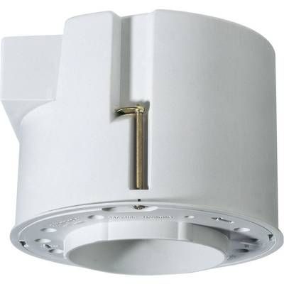 A white, round plastic enclosure that serves as a cover or mounting bracket for electronic devices.