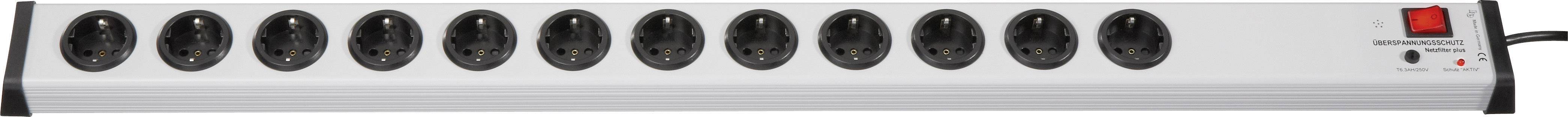 Power strip with ten black socket outlets and a red power switch located on the top right side.