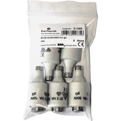 Five white fuses in a transparent plastic bag. Label informs: 'DII-5E AC/DC500V E27 10A, pack of 5'. Made in Europe.