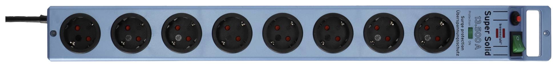 A black eight-socket power strip with an on/off switch, mounted on a blue base.
