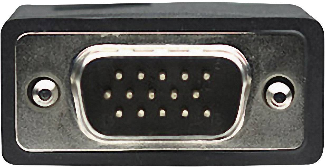 Black and silver VGA connection adapter with 15 pins in three rows for connecting computer graphics cards to monitors.