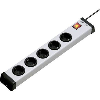 Power strip with five black socket outlets and a red on/off switch, suitable for connecting multiple devices.