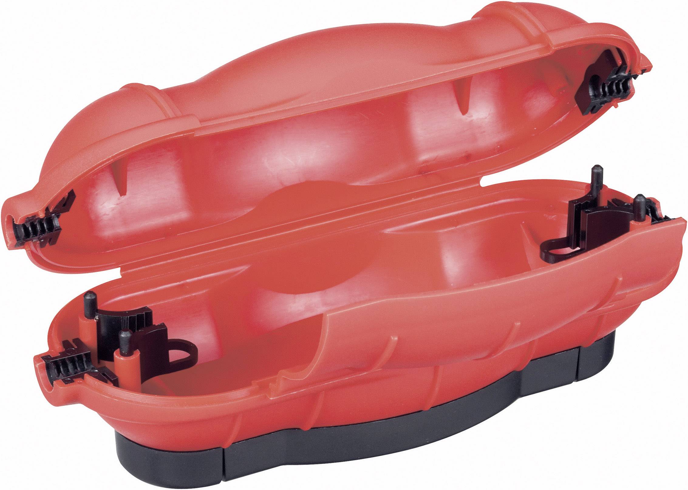 An opened, red cable protection housing reveals its interior and cable mounting points, designed to safeguard cable connections.